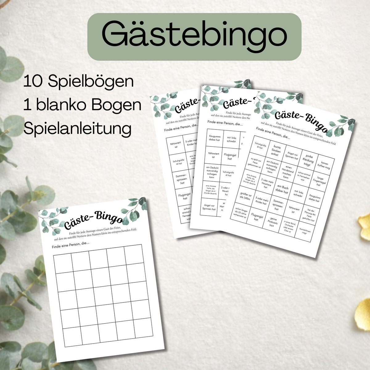 Gästebingo zur goldenen Hochzeit zum Ausdrucken, 10 Spielbögen und ein Blanko-Bogen