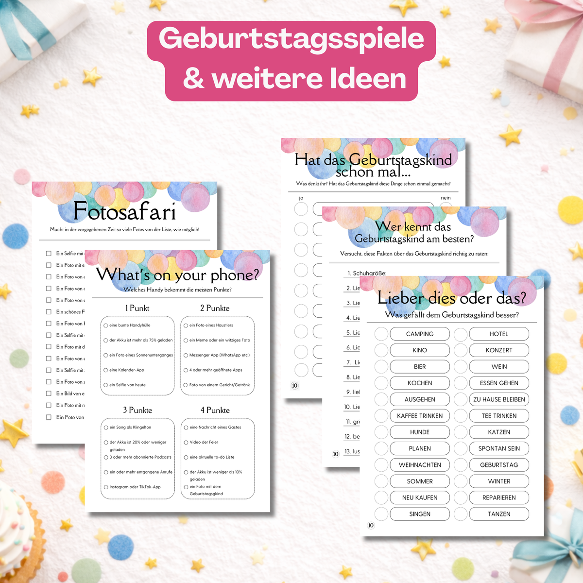 Geburtstagsspiele zum 30. Geburtstag zum Ausdrucken – Fotosafari, Handyspiel und Ratespiele über das Geburtstagskind