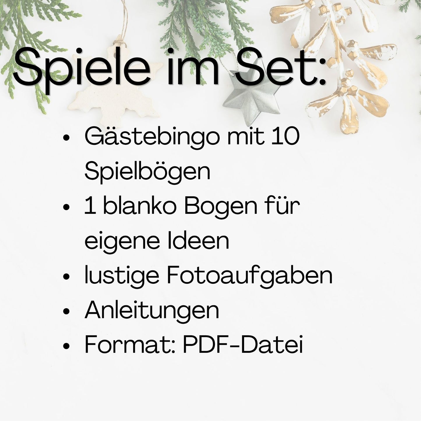 Set enthält Gästebingo mit 10 Spielbögen uns eine Liste mit lustigen Fotoaufgaben für die ganze Familie