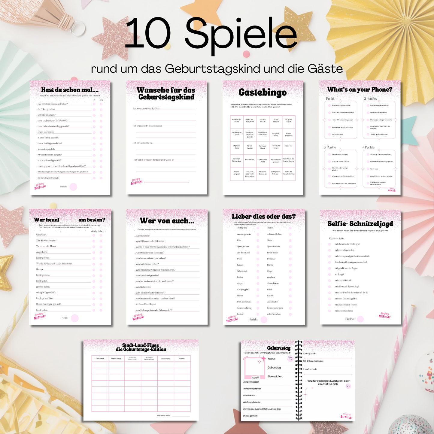Teenager Geburtstag Spiele Set – 10 Partyspiele für Teenie Geburtstagsparty zum Ausdrucken, PDF, pink