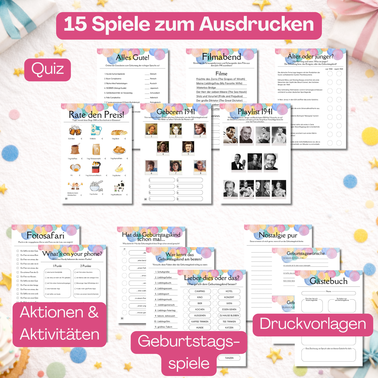 Spieleset 85. Geburtstag (1941) – 14 Partyspiele, Quiz & Gästebingo zum Ausdrucken
