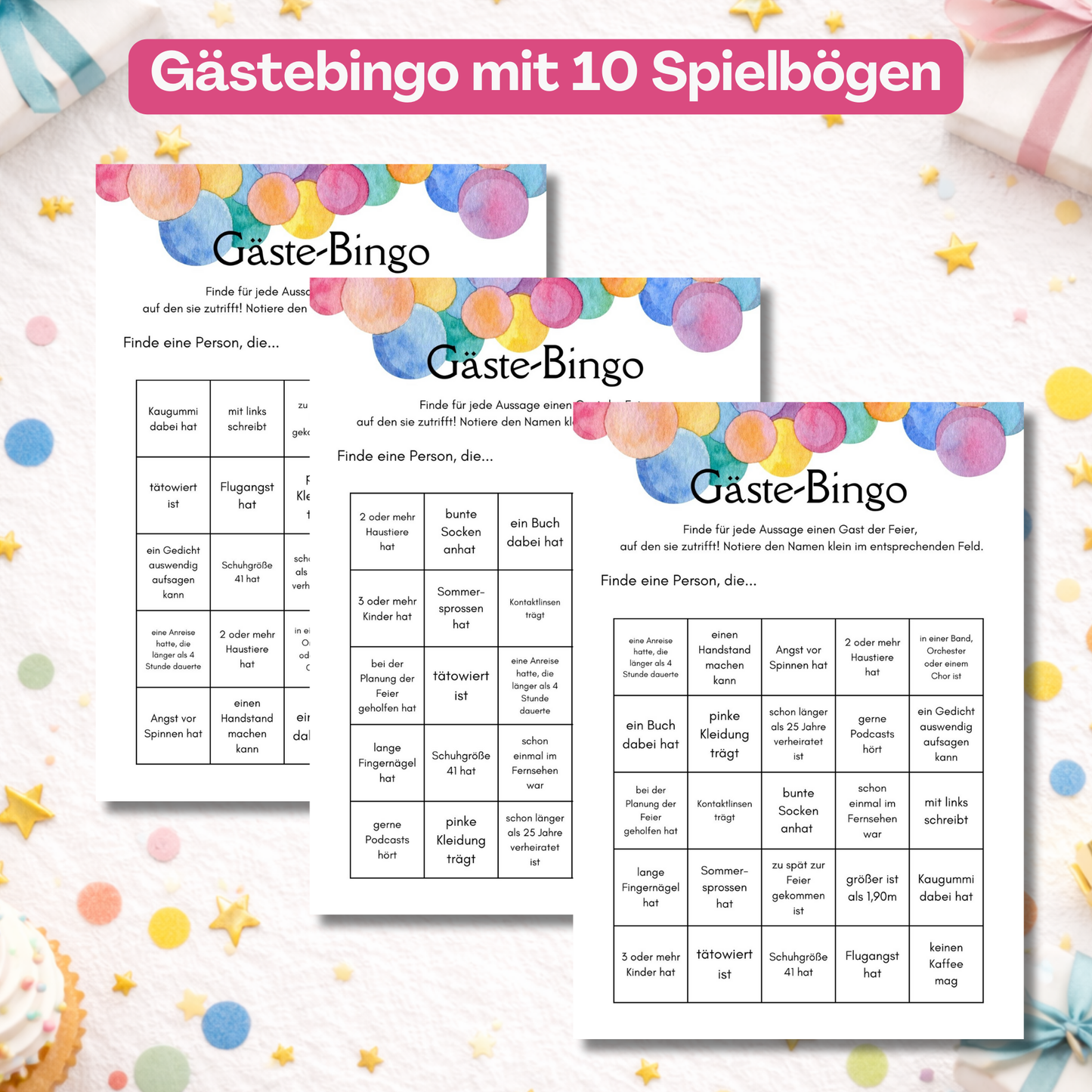 Gästebingo mit 10 Spielkarten