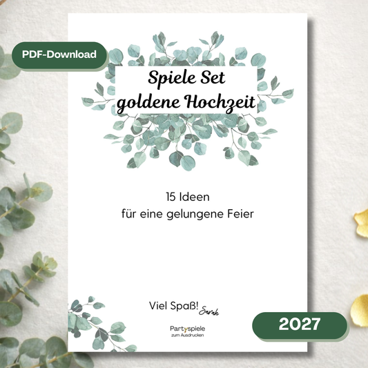 Deckblatt vom Spieleset zur goldenen Hochzeit 2027 zum Ausdrucken, Eukalyptus-Design mit 15 Ideen für die Feier