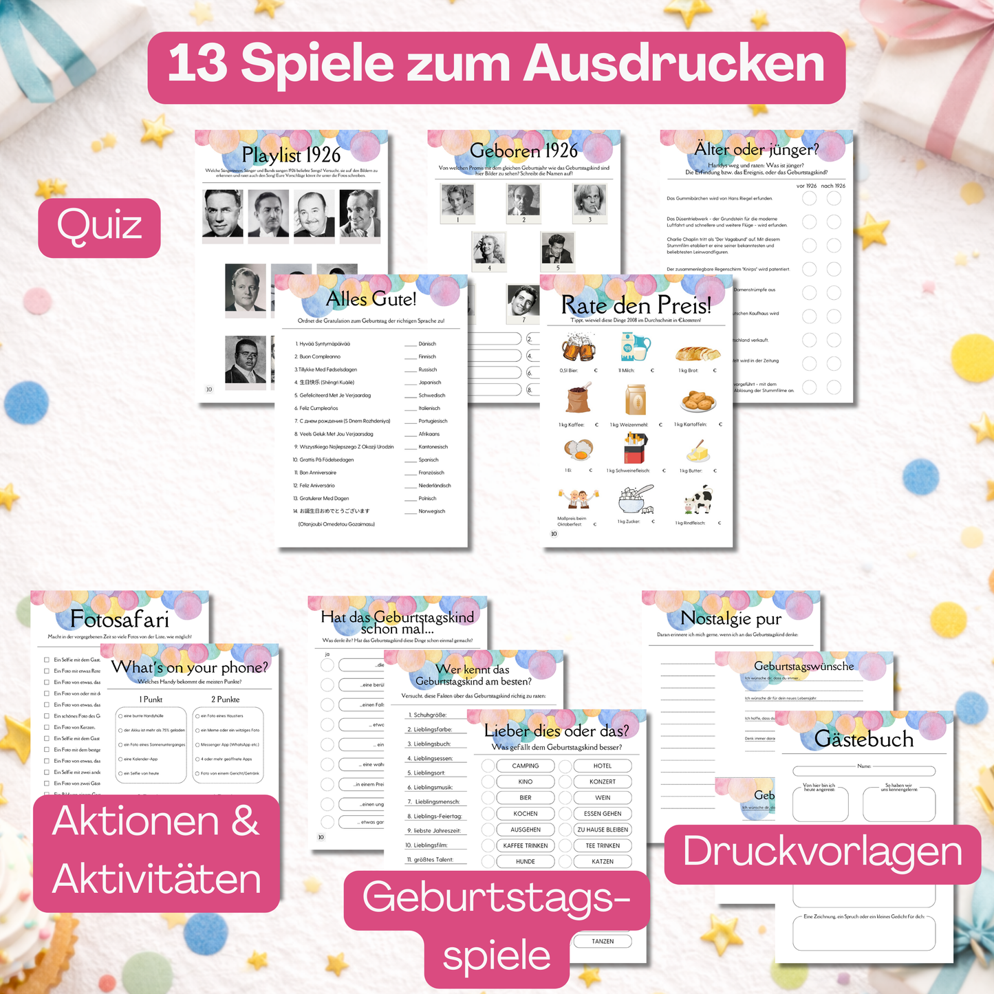 Überblick über Inhalt des Spielesets: Quiz, Aktionen, Geburtstagsspiele, Druckvorlagen