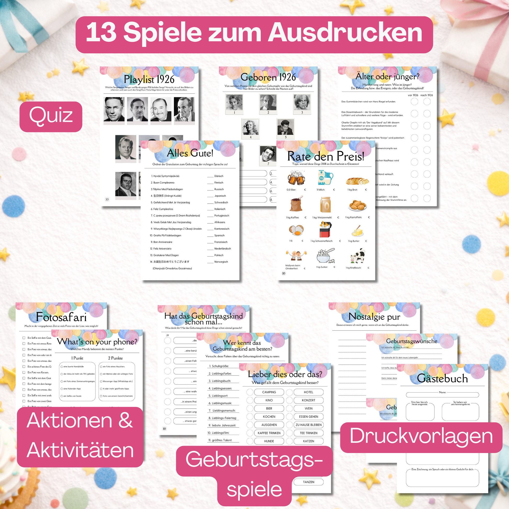 Überblick über Inhalt des Spielesets: Quiz, Aktionen, Geburtstagsspiele, Druckvorlagen